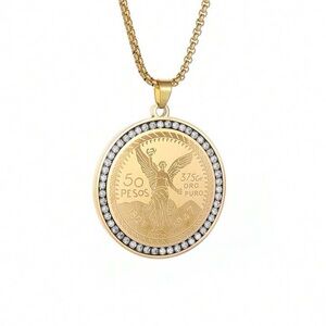 Stainless steel Gold Coin Pendant Necklace unisex